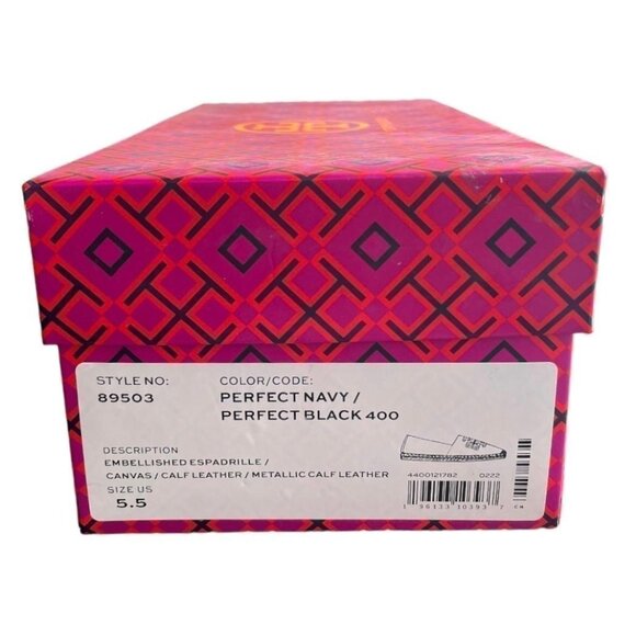 TORY BURCH Ines Embellished Logo Espadrille Flats Navy Canvas Size 5.5 NIB - Picture 11 of 11